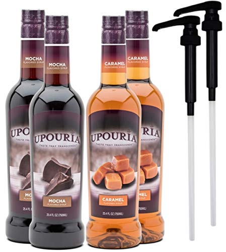 Upouria Caramel & Mocha Coffee Syrup Flavoring, 2 Of Each Flavor, 100% Vegan, Gluten-Free, Kosher, 750 Ml Bottles (Pack Of 4) With 2 Coffee Syrup Pumps #TOP20