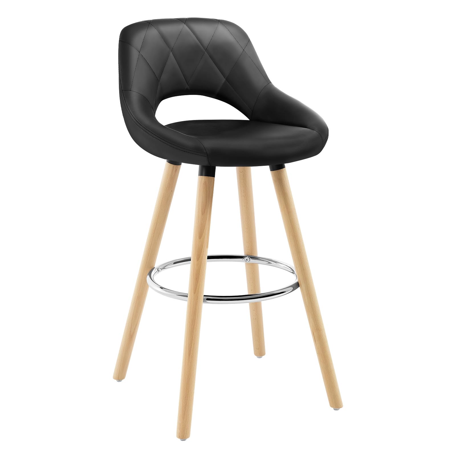 WOLTU Taburete Cocina, Taburete Alto con Respaldo Ahuecado y Reposapiés, Taburete Bar Alto para Bistro, Cafeteria y Cocina, con Funda de Piel Sintética y Patas de Madera, Negro