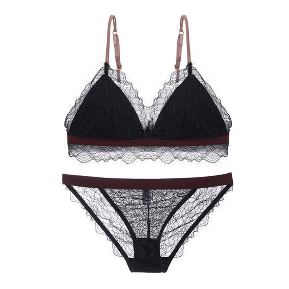 Conjuntos de lencería erótica para Mujer Sujetadores Finos sexys para Mujer Conjunto de Sujetador sin Costuras de Encaje cómodo - Negro_XL