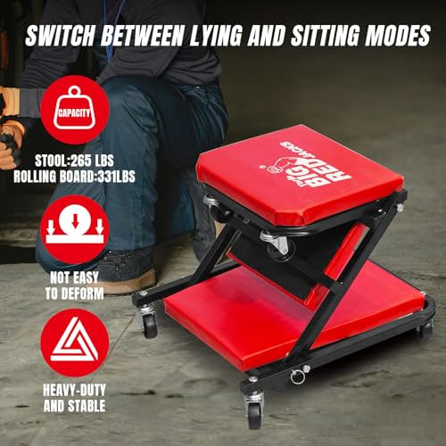 Image of Big RED ATR6036ZER 36 inch Foldable Z-Creeper Seat: 2-in-1 Garage Shop Creeper for Auto Repair with 6 Wheels, 300 Lbs. Capacity - Red
