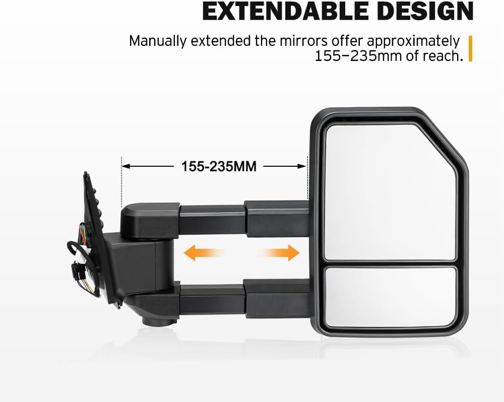 San Hima Towing Mirror for Toyota Hilux 2015+, Extendable Mirror with Dynamic LED Signals, ABS Housing & Aluminum Base, Black, 300x210mm