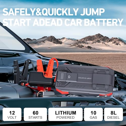 Tstiti 4000A Car Battery Jump Starter, Portable Car Jump Starter for Up to 10L Gas and 8L Diesel Engines, 12V Jump Box with 3 Modes Flashlight and Jumper Cable