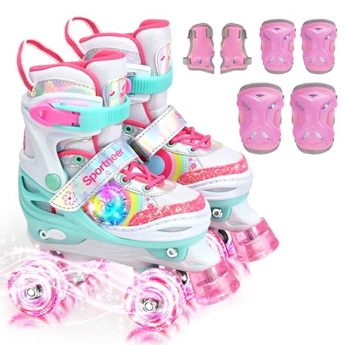 Sportneer Patines para niños, patines con luces luminosas laterales y 6 equipos de protección, patines en 4 tamaños ajustables para niñas, niños, adolescentes, principiantes, interiores y exteriores
