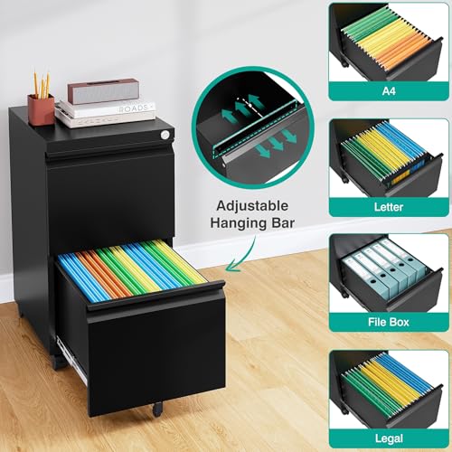 Image of SISESOL Assembled 2 Drawer File Cabinet on Wheels,Metal Filing Cabinet with Lock,Black Rolling File Cabinets,Under Desk Office Cabinets for Home Office,Fit A4 /Letter /Legal,Pre-Assembled Except Caster