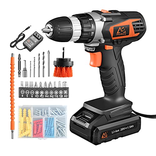 MAIBERG Screw Gun Cordless Driller, Electric Drill Cordless with 20V Battery, 1hour Charger, Cleaning Brush, 3 8  Keyless Chuck, 2 Variable Speed and Bits for Drilling Wood Metal