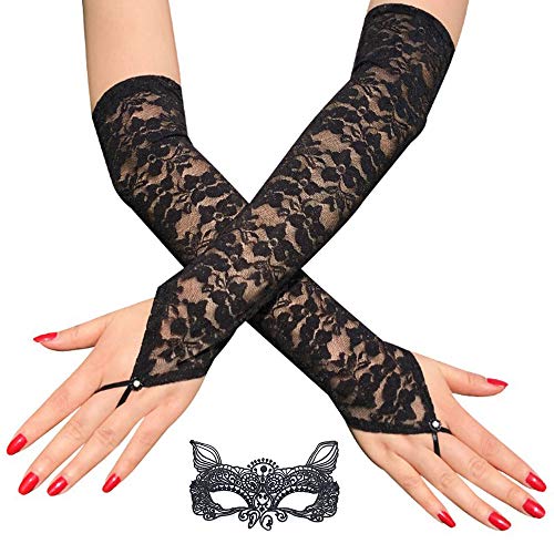 Lifreer 1 paire de mitaines en dentelle avec 1 masque de chat en dentelle noire - Accessoires fantaisie d'Halloween pour femme, Noir., taille unique