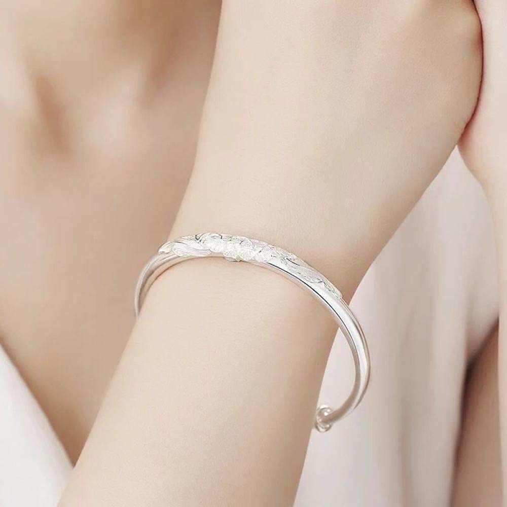 Bracciale regolabile,bracciale in argento sterling,bracciale regolabile in argento sterling 925 da donna Bracciale con peonia intagliata a mano Gioielli in argento sterling Regali di compleanno Mamma