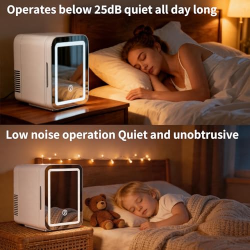 Image of Mini Skincare Fridge with LED Light Mirror, 4 Liter /6 Can Compact Makeup Refrigerator for Bedroom - Portable Mini Fridge for Makeup, Skincare & Food, AC /DC Power for Home & Car