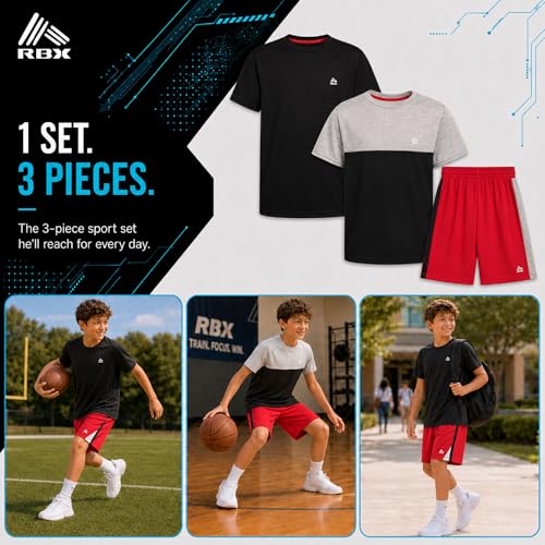 Image of RBX Boys Short Sets - 3 Piece Active Performance Short Sleeve Athletic Shirts and Gym Shorts With Elastic Waistband (4-12)