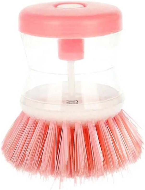 Soap Dispensing Palm Brush Scrubber with Comfort Grip Handle | Dish Brush with Soap Dispenser for Pot Pan Sink Cleaning | Simple Press Button Dispensing Ensures No Leaking (Pink)