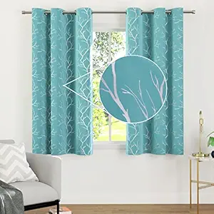 Encasa Homes Room Darkening Blackout Curtains 2 Panels Silver Foil Printed Plain Colours for Kids Bedroom, Living Room with Grommet, 85% Light Blocking, Sound & Heat Reducing, 5 ft -Twigs Teal