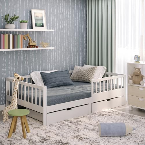 CADANI Nik Kinderbett 120x200 cm Weiß, Montessori Rausfallschutz...