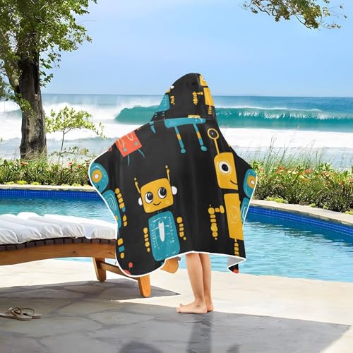 Image of Dark Background Robot Hooded Beach Towel for Kids, Kids Bath Hooded Towels for Boys Girls, Super Soft Absorbent Bathrobe with Hood for Swin Pool 50 inchx23.5 inch