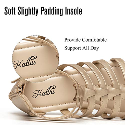 Katliu Womens Flat Sandal Gladiator Sandals Two Ankle Buckle Women Open Toe Summer Zipper Sandals Gold 9 #TOP4