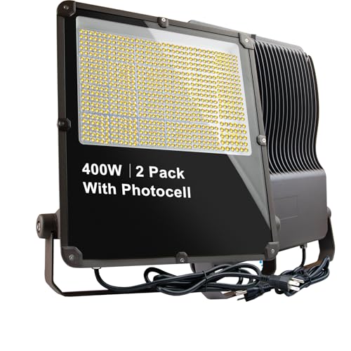 400W LED Flood Light Outdoor 60000Lm Led Stadium Light with Dusk to Dawn photocell, IP65 AC100-277V Commercial Area Lighting with Plug for Backyard/Basketball Court-2Pack