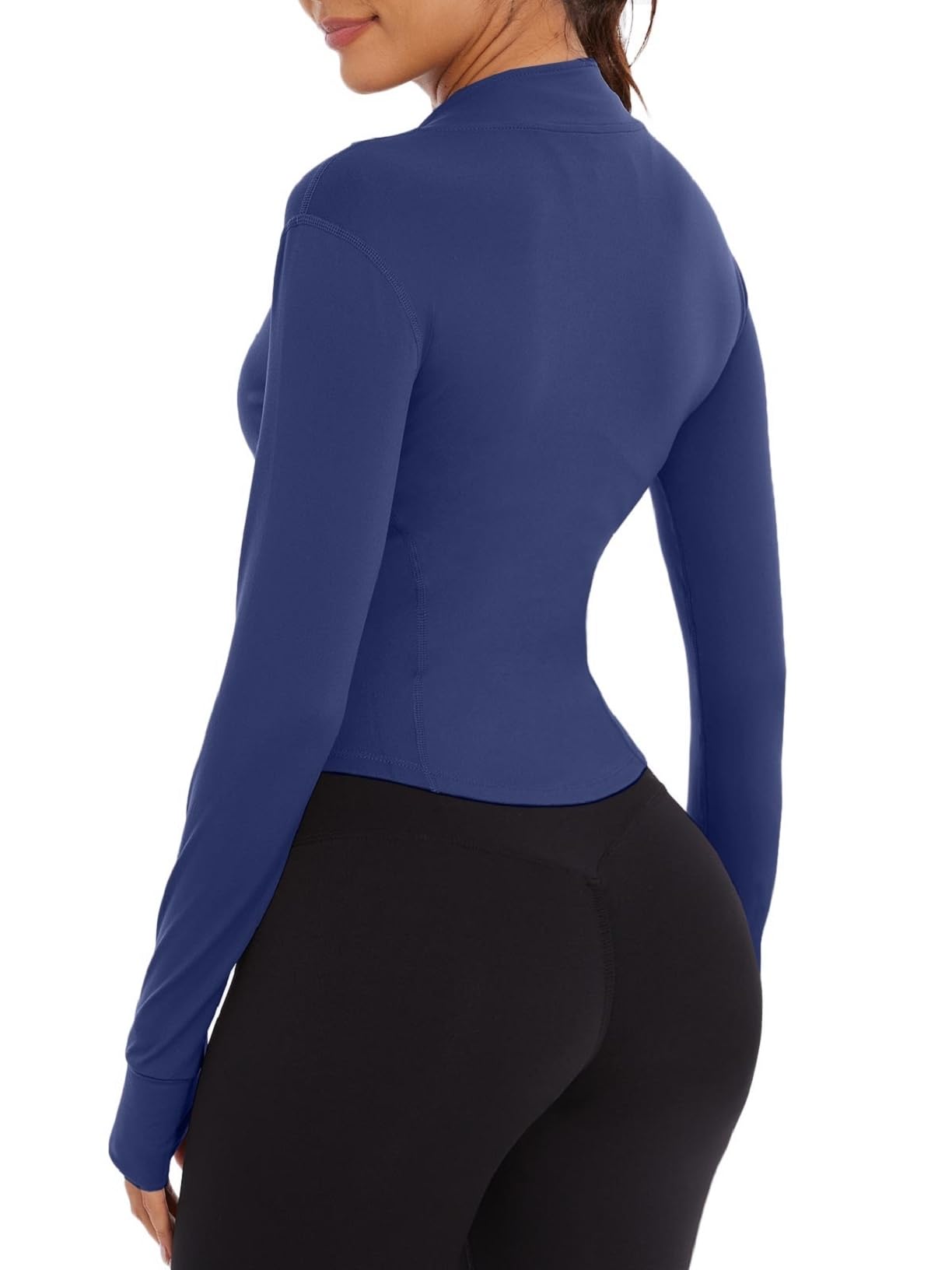 Chaqueta Deportiva para Mujeres Manga Larga Chaqueta de running con Cremallera Completa Chaqueta Corta de Entrenamiento con Orificio para el Pulgar Chaqueta Deportiva de Verano(Azul marino,S)
