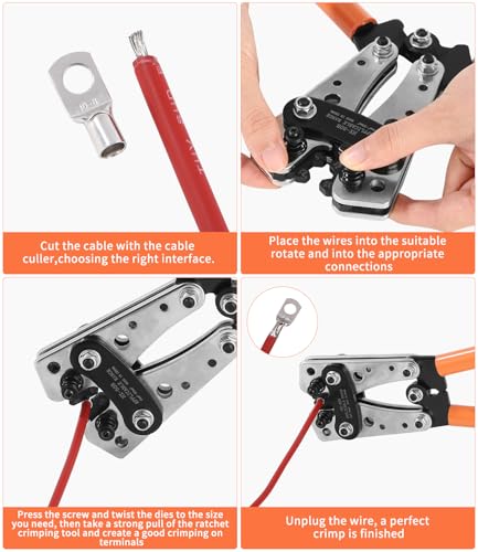 Batteriekabelschuh Crimpzange 6/10/16/25/35/50 mm² und 10–1/0 AWG – Groß Crimpzange Set mit 8 Größen, 60 Kupferringklemmen und 60 Schrumpfschläuchen für Auto, Marine und Haushaltsanwendungen