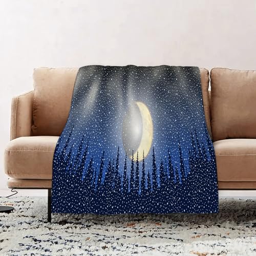 EOMKSE Mantas para Sofá de Franela Suave y Acolchada - Manta Polar Microfibra,Manta de sofá,de Cama o de Sala de Estar,Noche de Invierno con Contorno de Bosque Lunar y nevadas130x150cm