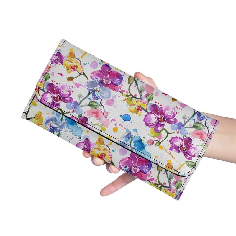 PU Leather Orchid Flowers Trifold Wallets for Women Watercolor Painting Floral Tall Billfold Cash Wallet with Zipper Coin Pocket White Long Money Manager Leather Wallets3