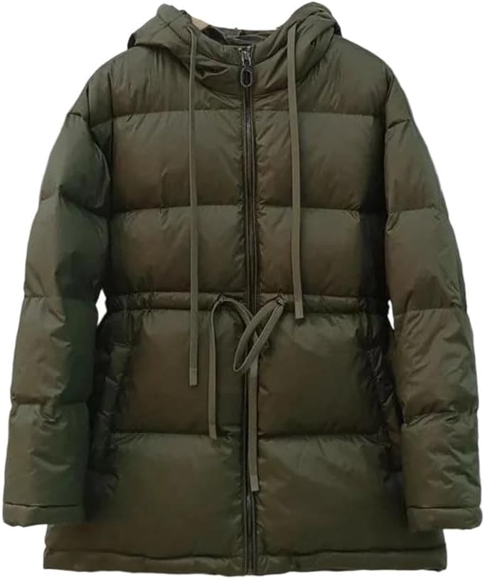 Women’s White Duck Down Jacket Hooded Drawstring Warm Casual Winter Outwear Coat