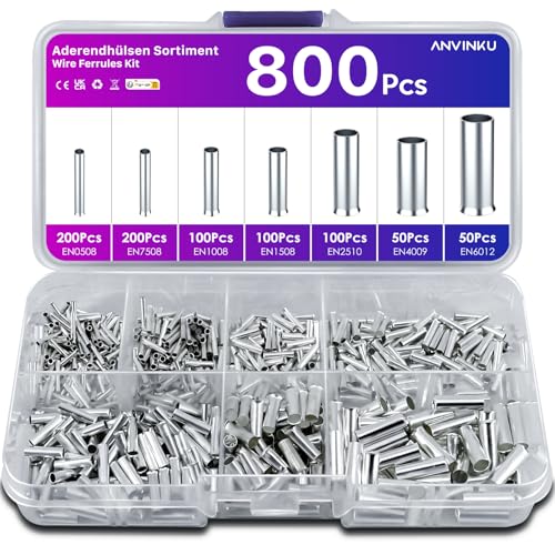 ANVINKU 700 Stück Aderendhülsen Set, 7 Arten Unisoliert Aderendhülsen Sortiment, 10-22 AWG Unisolierte Aderendhülsen Set für DIY elektrische Projekt (0,5/0,75/1/1,5/2,5/4,0/6,0mm²)., 6.98 €