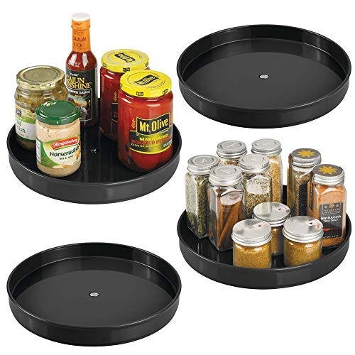 mDesign Plastic Lazy Susan Turntable Food Storage for Cabinets Pantry Refrigerator Countertops - Spinning Organizer for Spices Condiments Baking Supplies - 9 Inches Round - Black Set of 4