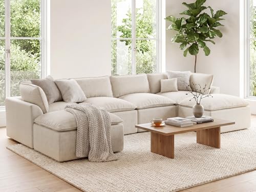 Image of COSIEST139'' Boneless Sectional Couch, Modular Sectional Sofa with Ottoman, 6 Seater U Shaped Cloud Couch for Living Room, Beige