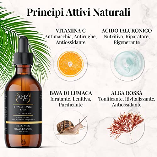 •100ml• Siero Viso Acido Ialuronico PURO, Siero Vitamina C, Con Bava Di Lumaca E Alga Rossa, Siero Idratante Ideale Come Crema Contorno Occhi Antirughe E Occhiaie, Made In Italy