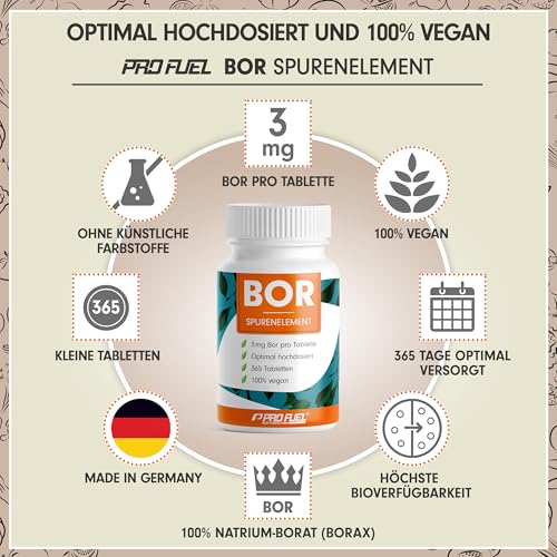 Bor Tabletten 365x mit 3 mg Bor aus hochwertigem Borax (Natrium-Borat) - optimal hochdosiert - laborgeprüft mit Zertifikat - nicht-essentielles Spurenelement - Jahresvorrat - 100% vegan