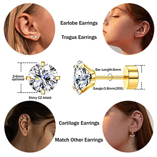 Cassieca 6 Pairs 20G Cartilage Earring Stud For Women Men 316L Surgical Steel Flat Back Earrings Set, 4Mm Round Cz Barbell Stud Earrings For Cartilage Tragus Helix Piercing Jewelry #TOP1