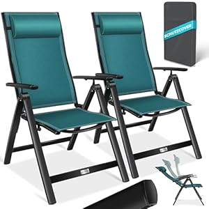 KESSER® Gartenstuhl Hochlehner mit Armlehnen 2er Set Aluminium Klappstuhl mit Kopfkissen & Abdeckung Campingstuhl 7-Fach Verstellbar Rückenlehne Atmungsaktiv Wetterfest Klappbar Anti-Rutsch, Petrol