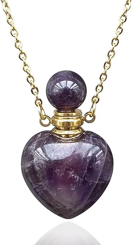Perfume Bottle Necklace Heart Shape, Amethyst Necklace Healing Crystal for Women, Essential Oil Diffuser Bottle Necklace Jewelry for Liquid