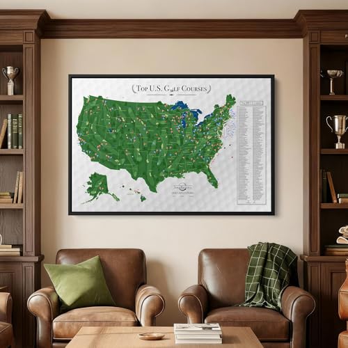 Image of Push Pin Travel Maps Top 200 Golf Courses USA Canvas - Personalized Golf Course Tracker with Pins, Framed Golf Wall Decor - Black Float Frame - 30 inch x 45 inch