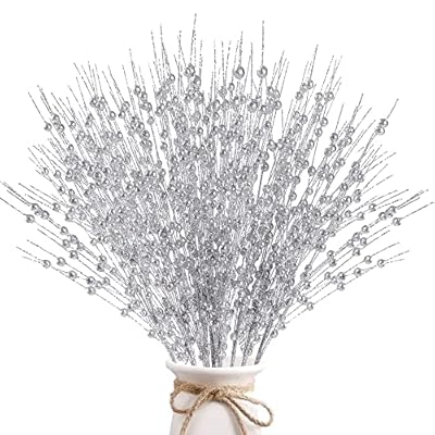 Sggvecsy 15 Pack Artificial Glitter Berry Stem Ornaments 17 Inches Fake Christmas Picks Decorative Glitter Sticks for Christmas Tree DIY Wreath Crafts Gift Fireplace Holiday Home Decor (Silver)