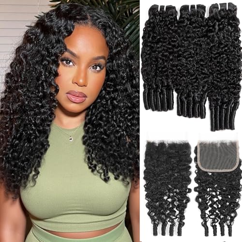 Burmese Curly Bundles Human Hair with 5x5 HD Lace Closure Plucked 16 18 20Inch+14 In 12A 100% Unprocessed Brazilian Virgin Hair 3C4A Water Quick Weave Bundles with Spiral Curly Ends Natural Black