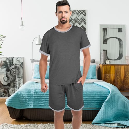 2 Sets Men's Pajamas Short Sleeve Pyjama Modal Sleepwear Shorts with Pockets Nightwear Soft Comfy Pjs Set2