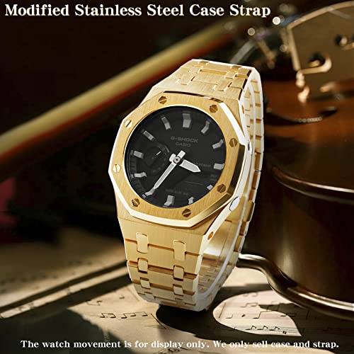 Image of GA2100 Stainless Steel Watch Case with Metal Watchband and Rubber Strap Mod Kit - Compatible with GA-2100 /GA-2110 /GA-B2100 Series - Watch Part Replacement