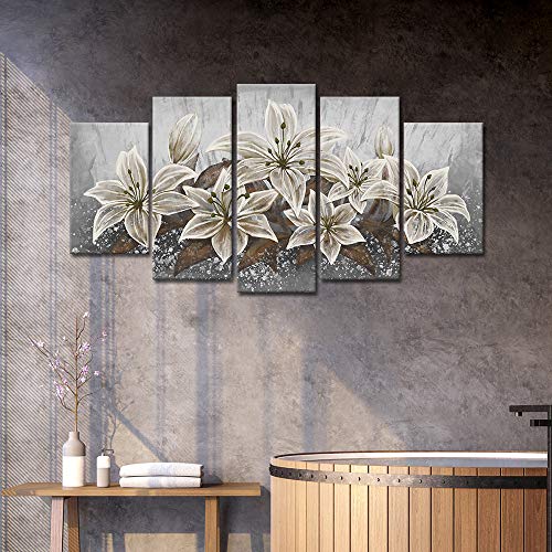5 Panels Retro White Lily Floral Canvas Wall Art Print Abstract Flower Paintings Gray White Brown Plant Picture Home Decor Framed Artwork For Living Room Bathroom #TOP1
