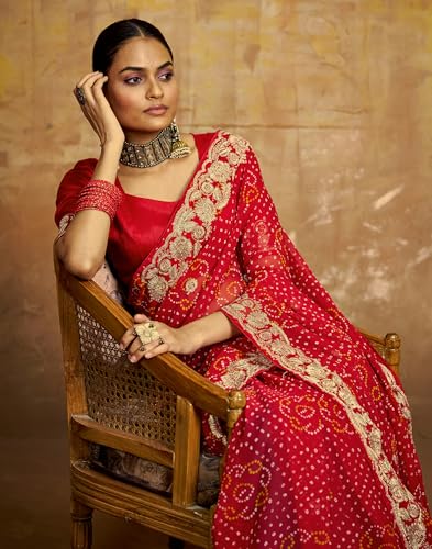 Image of SIRIL Women's Bandhani Printed Georgette Sequence Lace Scalloped Border Saree with Unstitched Blouse Piece