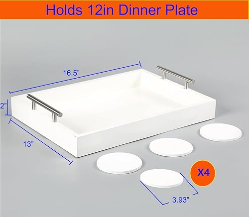 Miniatura 4 de Bandeja para servir de 16.5 x 13 pulgadas, bandeja otomana de madera de lujo, mesa auxiliar con asas de metal plateado pulido, 4 posavasos redondos