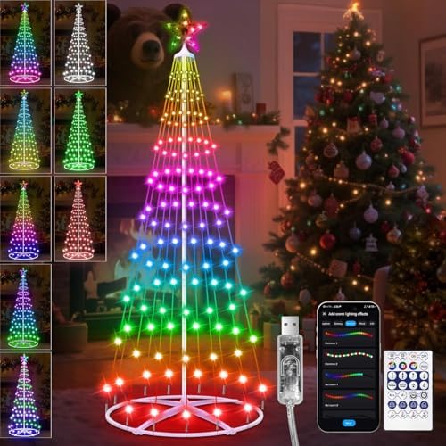 5FT Smart LED Christmas Cone Tree Light, USB Powered Christmas Tree Lights with App & Remote, DIY, Color Changing, Music Sync, Waterproof Outdoor Lighted Christmas Tree for Yard Porch Xmas Decoration