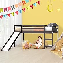 KOTEK Twin Loft Bed with Slide, Kids Low Loft Bed with Ladder & Slide, Wooden Single Bed Loft Bed w/Slats & Safety Guard Rail for Children Espresso