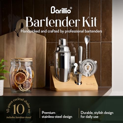 Barillio Bartender Kit - Stainless-Steel Cocktail Shaker Set with Bamboo Stand - Mixology Bar Tools w/Shaker, Drink Mixer Spoon & Muddler for