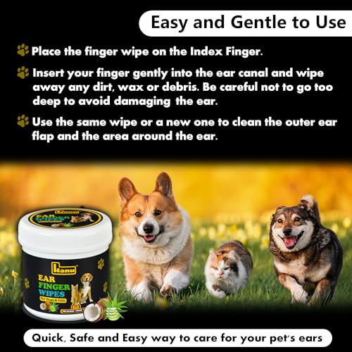 Image of Hanu Ear Finger Wipes for Dogs & Cats Gently Remove Dirt, Wax & Debris - Relieve Ear Itching & Discomfort, Sooths & Deodorizes - All Natural Ingredients - Vet Recommended - 50 Count