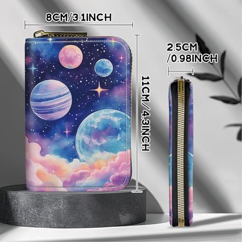 Image of Cute Credit Card Holder with Zipper, Pink Starry Planets RFID-Blocking Card Case Small Wallet for Women Men, Multi-slot Card Organizer Case Travel Accordion Wallet