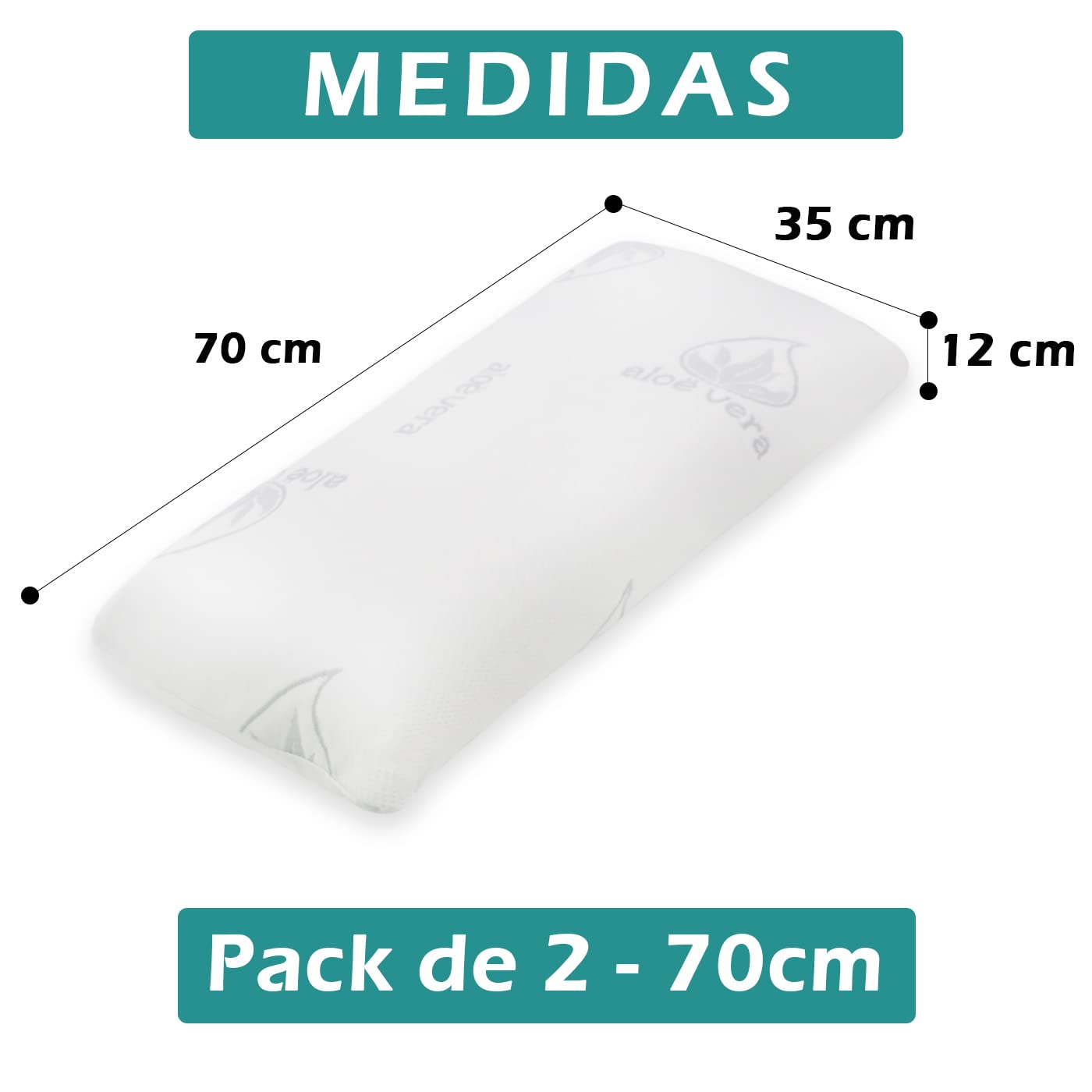 MERCURY TEXTIL- Almohada viscoelástica con núcleo 100% Viscoelástico, Tejido de Aloe Vera, Anti ácaros, Anti bacterias, Termorregulable y Ergonómica. Libera la presión Cervical (2 Unidades 70 cm)