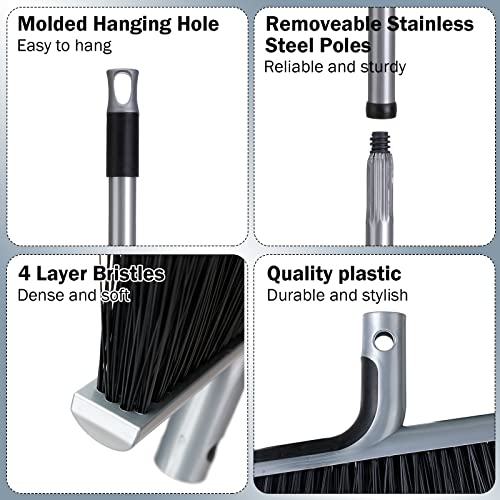 3 Pcs Heavy Duty Broom Outdoor/Indoor Broom For Floor Cleaning With 58 Inch Long Handle, Angle Broom Heavy Duty Commercial Broom For Home Garage Kitchen Office Lobby Lawn Courtyard Concrete #TOP2