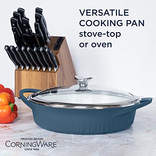 Corningware, Non-Stick 4 Quart Quickheat Braiser With Lid, Lightweight, Ceramic Non-Stick Interior Coating For Even Heat Cooking, Perfect For Baking, Frying, Searing And More, French Navy #TOP1