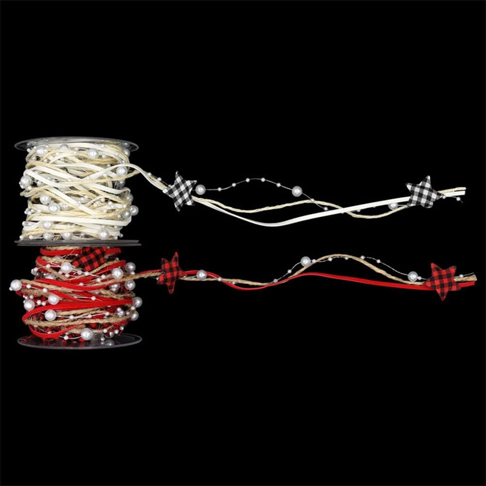 2 Rolls Christmas Bead Ribbon Trim 3 in 1 Fabric Buffalo Plaid Pendant and Pearl Jute Twine for Christmas Tree Decoration DIY Crafts Wedding Gift Wrapping Accessories 16.4FT/Roll Black White Star