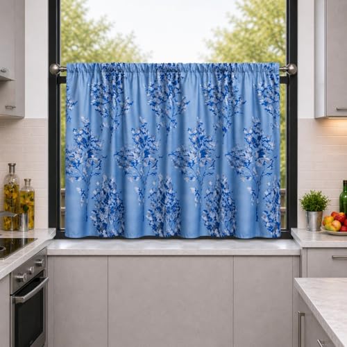 Image of Premium Light Filtering Valance Printed Rod Pocket Curtain, Set of 2, Washroom Curtain (Half Window - 3ft Turquoise)